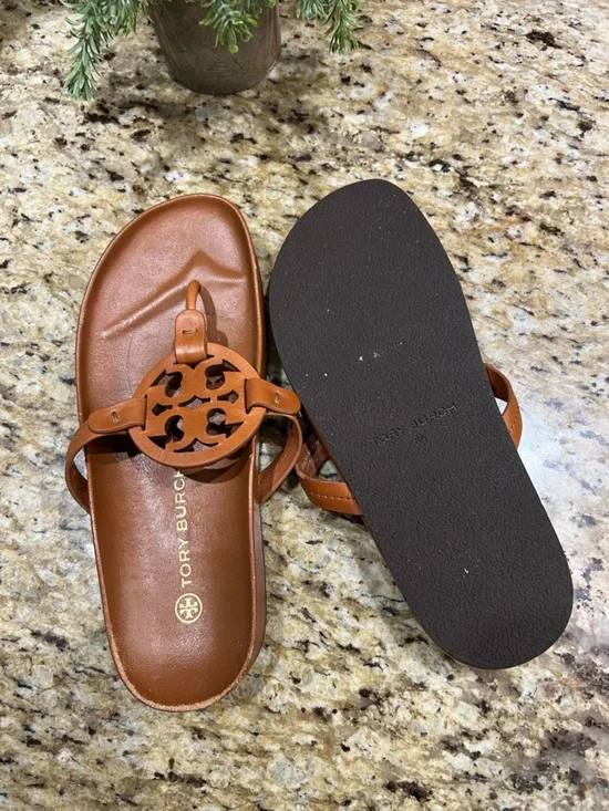 Tory Burch Miller Cloud Caramel Brown Leather Sandals 8.5 - Picture 10 of 11